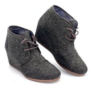 Toms Wedge Ankle Boots Booties Womens Size 9 Grey Herringbone Canvas Shoes Logo